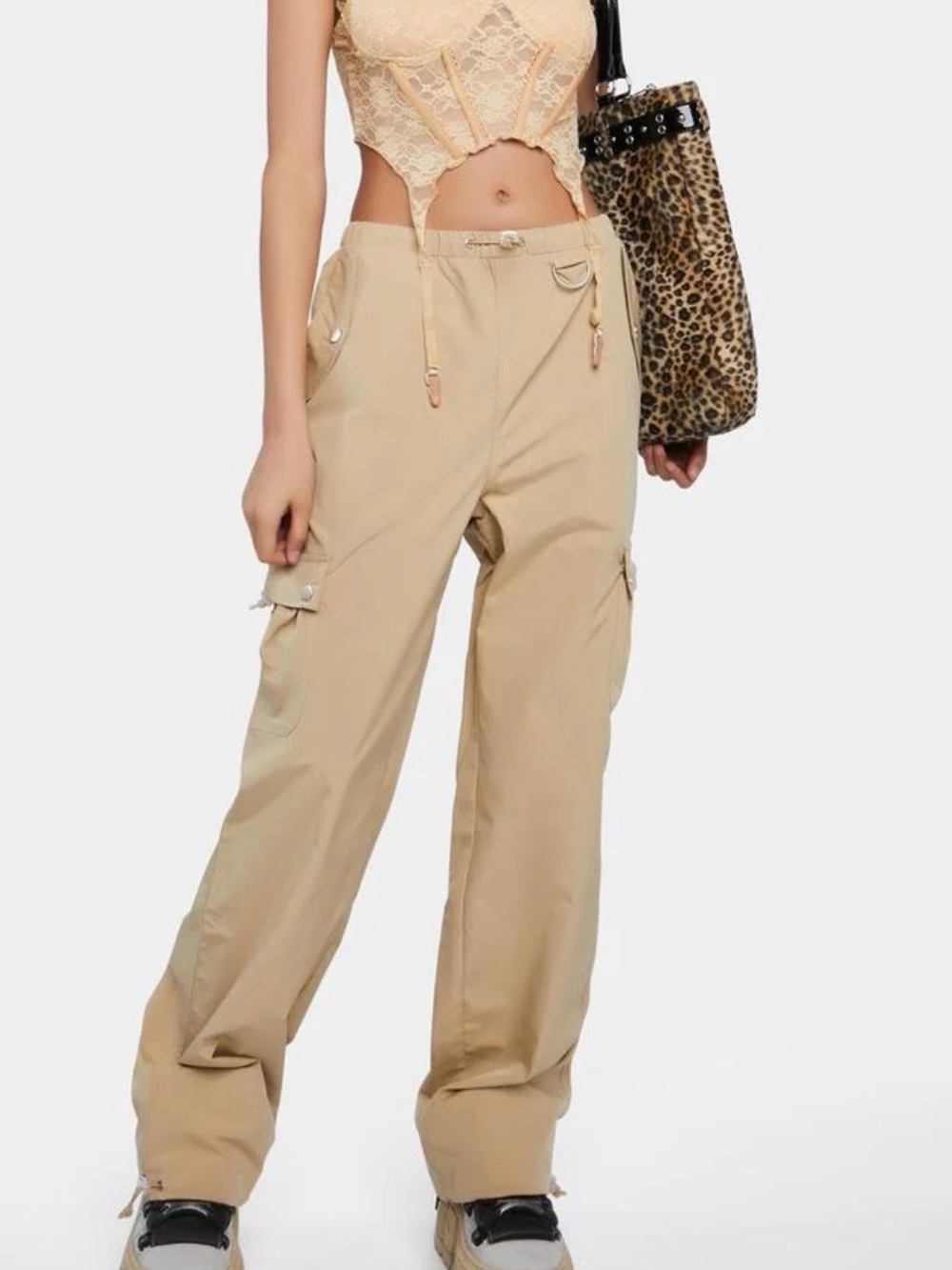 Miss Lola Beige Cargo Wide-Leg Pants